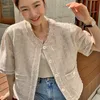Korejpaa Dames Jassen Zomer Koreaanse Chique Dames Zachte V-nek Trim Contrast Single-Breasted Hollow Puff Sleeve Knit Jas 210526