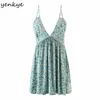 Sweet Floral Print Sexy Sling Dress Women V Neck Sleeveless Backless Vestido Mujer Holiday Summer Beach Short Robe 210514