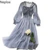 Neploe robes femmes nouveauté gaze Robe douce voir à fond dentelle lourde Crochet Floral plissé élégant Robe Vestidos 210422