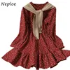 Neploe O-neck Slim Waist Flower Print Dresses Chic Ruffles Drawstring Vestidos Sweet All-match Women Dress with Knitted Capes 210422