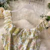 Summer Sweet Women Ruffled Floral Print Dress Casual Ladies Square Collar Midi Holiday Beach Fairy 210423
