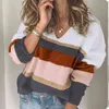 Foridol knitted sequined pink pullovers female vintage stripe v neck sweater autumn winter tops casual glitter sweater sueter 210415