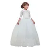 De jolies robes de filles de fleurs pour mariages princesse joyau manches longues dentelle dentelle v le col v nœud gros noeud balayer train petit enfants robe de pageant saint 2021