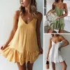 Sexy Spaghetti Strap Ruffle Dress Women Summer Cotton Linen Vestidos Green es Off Shoulder Mini Sundress 210517