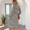 Leopard Midi Dress Women High Waist Långärmad Robe Femme Vintage Arbetskontor Ladies Höstskjorta Vestidos Cortos Fashion 2020 x0521