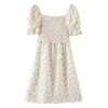 Été élastique froncé corps soleil fleur imprimer robe à manches courtes Vintage femmes Mini robes thé Vestidos ivoire blanc 210429
