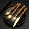 24 sztuk 16 sztuk Zestawy Obiadowe Oryginalny Natura Bambusowa Uchwyt Ze Stali Nierdzewnej Ekskluzywne Sztućce Widelec Spoon Strona główna Kitchen Tableware 210928