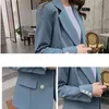 Casual Korean Women Pant Suits Sets Notched Collar Blazer Jacket + Pants Blue Female Suit Spring Autumn High Quality 210513