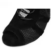 Moda Black Net Fabric Sandals Cross Sandals Summer Lace Up Peep Toe Salto alto Torno