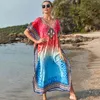 Skriv ut Long Beach Dress Coverups för Kvinnor Pareo de Plage Swimsuit Cover Up Sarongs Badkläder Kaftan Q1182 210420