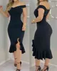 Frauen Mode Elegante Sexy Plain Off Schulter Rüschen Saum Schlitz Kleid Solide Rot Schwarz Midi Kleid Rüschen Ärmellose Party 210331