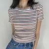 Yedinasストライプフリル半袖Tシャツ女性夏カジュアルリブニットスリムボディコントップスティーニットTシャツレディーストップ210527