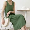 Women Summer Dresses Solid Green Casual Backless Lace-Up Bow Strap O-neck Sleeveless Pleated Long Dress 10133 210417