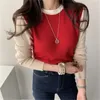 Color-bloqueado vintage coreano de malha pulôvereas suéteres outono manga longa o-pescoço magro moda tops jumpers femme 210806