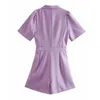 Evfffer Sprint Chic Lady V-Neck Blazer Style Purple Mini Dress Kobiety Moda Wiązany łuk Wysoka talia Krótki Rękaw Sukienki 210421