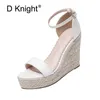 Women Gladiator Wedges High Heel Sandals Shoes Woman Rome Buckle Strap Espadrilles Women Pumps Straw Hemp Rope Platforms Sandals Y0721