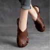 Mode Sommer Vintage Echtes Leder Niedrigen Ferse Sandalen Für Frauen 2021 Haken Und Schleife Atmungsaktive Flache Casual Wom