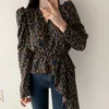 All-Match Summer Elegant V-Neck puff sleeve Irregular Tops Chic Loose Sweet Casual Female Floral print Shirts 210529