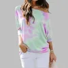 Off Shoulder Women Loose T-shirt Höst Vinter Tie-Dye Tryckt Långärmad Tees Kvinna Casual Slash Neck Gradient Ladies Tshirts 210507