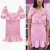 Za Sommar Linen Ruffle Mini Rosa Klänning Kvinnor Kort Puff Sleeve V Nacke Smocking Elastic Party Dresses Woman Chic Beach Dress 210602