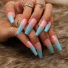 Pressione em Unhas Ombré Azul Gradiente Brilhante Longo Quadrado Caixão Arte de Unha Falsa Acrílico Bailarina Dicas de Unhas Postiças para Mulheres e Meninas