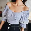 Dabuwawa Blue White Striped Lantern Sleeve Shirts Women Square Neck Slim Fitted Sexy Tops and Blouses Office Lady DT1BST003 210520