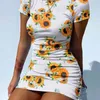 Vestido de mujer elegante de manga corta con cordón de algodón fruncido Sexy para mujer fiesta Tie Dye flaco ropa de verano femenina 210522