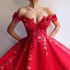 Vermelho uma linha vestidos de noite 3D apliques florais lantejoulas lace fora do ombro vestidos de feista plus size mulheres festa formal vestidos de baile