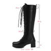 Ботинки 2021 осень зима женщин колено высокая искусственная кожаная платформа квадратная каблука кросс завязанный на молнии большой размер 43