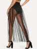 Tulle Transparent Beading Skirt Women Summer Mesh Female Black Pearl Tutu Elastic Waist Vintage Sheer Pleated 210517