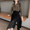 Women Two Pieces Sets Sexy V Neck Leopard Blouse + High Waist Fringe Wrap Skirt Office Laday Wear Spring 210608