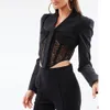 Free Patchwork Hollow Out Black Blazer For Women V Neck Long Sleeve Lace Coats Female Autumn Fashion Clothing 210524