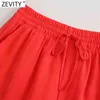 Zevity Women Simply Solid Color Kieszenie Patch Casual Proste Spodnie Kobiet Chic Elastyczny Talia Lace Up Lato Długie Spodnie P1192 211112 \ t