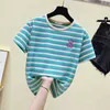 T Shirt Kvinnor Sommar Tees Top Diamond Shirts Casual Short Sleeve Tshirt Rosa Striped T-shirt Toppar Tee Femme Vintage 210604