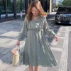 Coréen Midi Longue Robes En Mousseline De Soie Femmes Printemps Dot Imprimer Doux Col En V Taille Haute Robe Mujer 13194 210508