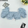 Chic Tartan Mavi Blusas Mujer De Moda Vintage Merkezi Yay Kadın Bluz Düğmeler Puf Kollu Kırpma Kısa Kollu Top 210520