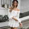 Summer Women Off Shoulder Mini Long Sleeve Polka Dot Ruffle Short Tunic White Beach Dress 210415