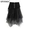 Women Chic Fashion Tulle Patchwork Asymmetrical Midi SKirt High Elastic Waist With Lining Female Skirts 210420