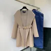 여자 양모 블렌드 코트 코트 디자인 가을 겨울 여성 긴 외투 패션 따뜻한 재킷 파카 캐주얼 레터 인쇄 레이디 코트 - 벨트 아웃웨어