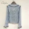 Spring Autumn Vintage Women White Lace Blouse Ruffle Bow Button Flare Long Sleeve Cute Shirt Sexy Party Top 210415