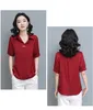 Lato koreańska moda jedwabna bluzka kobiety obrócić kołnierz satynowa biura pani czerwona bluzka z krótkim rękawem plus rozmiar XXXL Damskie topy 210531