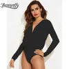 Surplice Hals Hoge Taille Bodysuit Dames Lente Lange Mouw Zwart Wit Elegante Sexy Kantoor Dame 210510