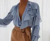 Kvinnor Vintage Ruffled Blouse Spring Casual Chiffon Shirt Ruffles Puff Sleeves Långärmad Bottom T Shirts Deep V-Hals Top