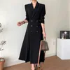 Primavera elegante windbreaker mulheres branca maxi vestido coreano vestuário femme robe slim terno colarinho casaco de breasted com cinto 210820