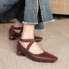 SOPHITINA Shallow Mouth Cross Lace Women's Shoes Daily Casual Art Female Shoes Thick Heel Square Toe Basic Lady Shoes TPR AO272 210513