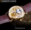 Forsining Luxo White Gold Watch Exibição de couro marrom Moonfase moda azul mão esqueleto impermeável homens relógios mecânicos automáticos