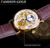 Orologio Forsining di lusso in oro bianco con display in pelle marrone, fasi lunari, moda, scheletro a mano blu, orologi meccanici automatici da uomo impermeabili