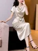 Arrival Elegant O Neck Dresses Women Satin Office Lady Formal Business Work Slim Lace Up Clothes 210514