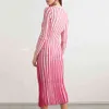 Summer Women'S High-Quality Sexy V-Neck Button Pink Striped Split Sweater Dress Elegant Club Banquet 210525