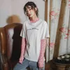 Mesh Crop Top Long Sleeve T Shirt Women Summer Pink Printed Tshirt Casual Transparent Tee Korean Clothes 210427